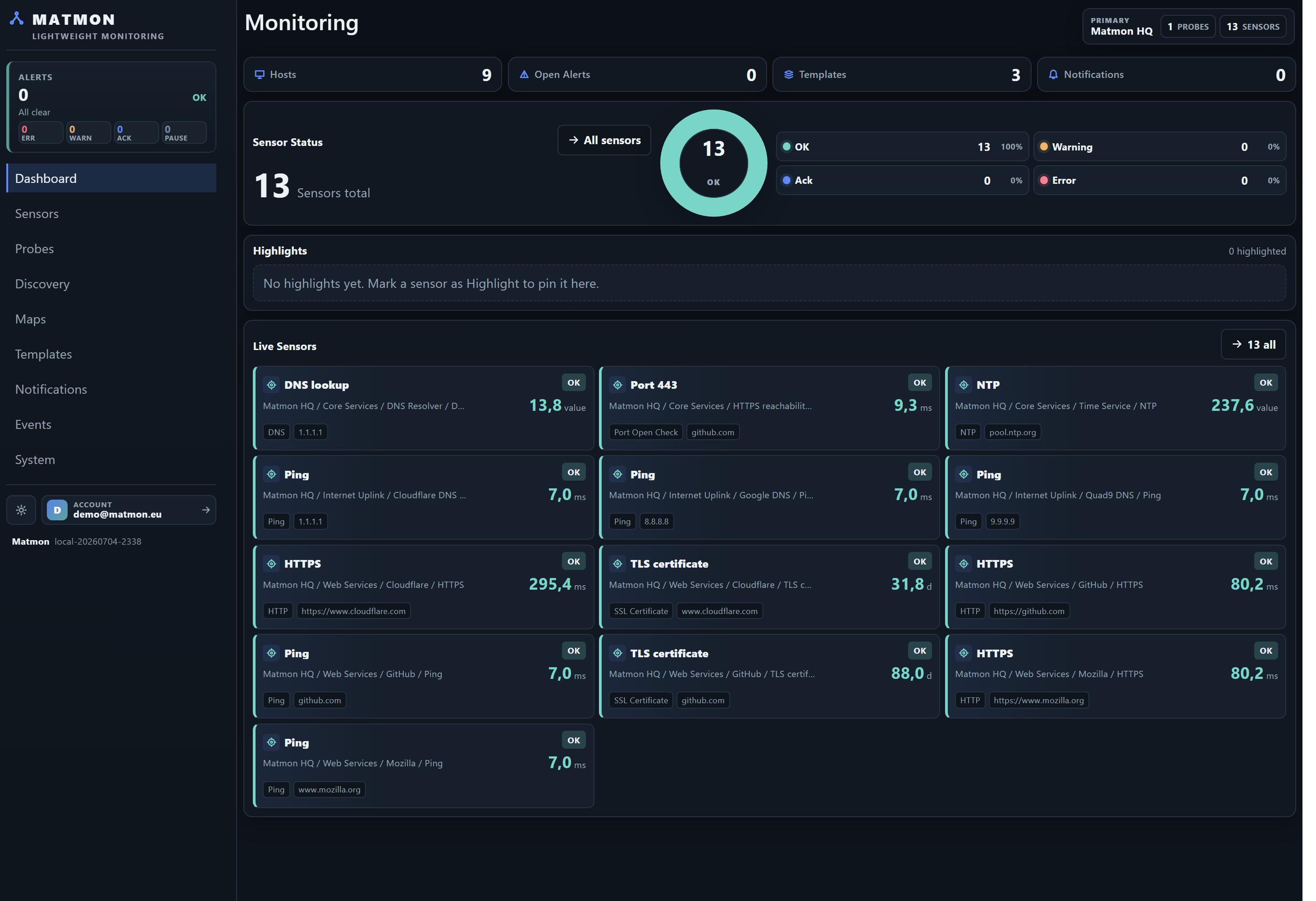 Matmon dashboard: status donut, alert summary and live sensor cards, all healthy