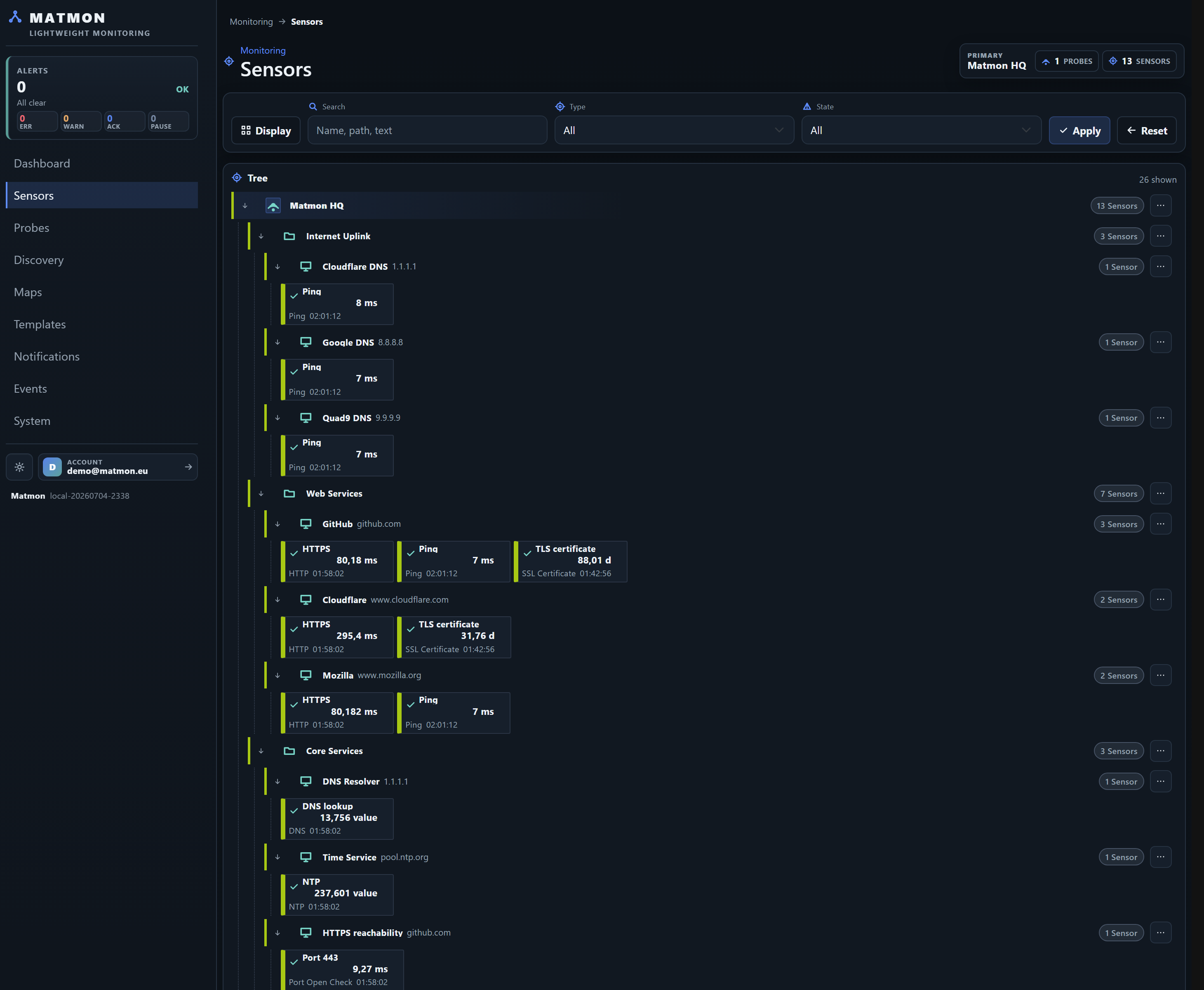 Matmon sensor tree: folders, hosts and sensors with live values