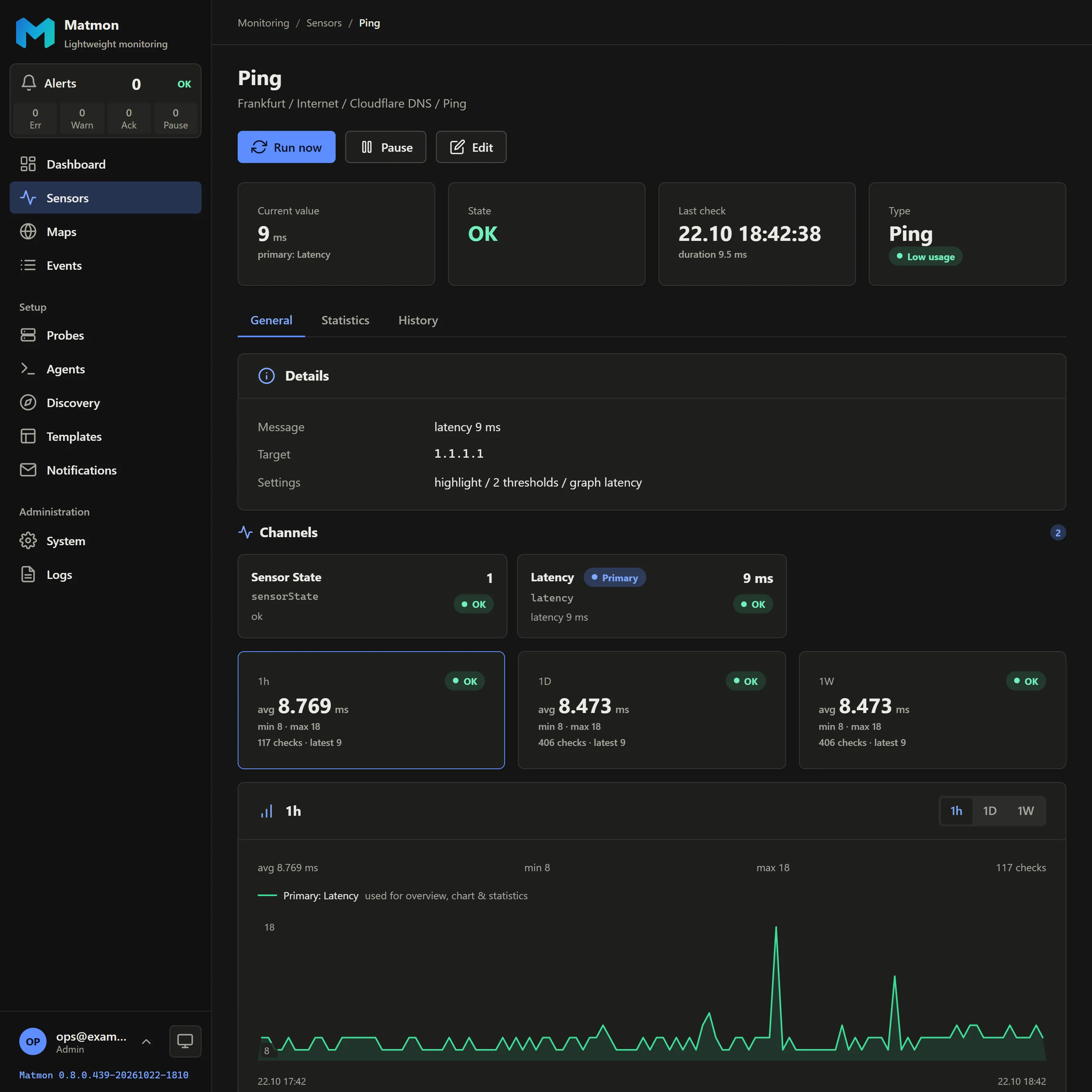 Matmon sensor detail page with value cards, channels and a latency chart