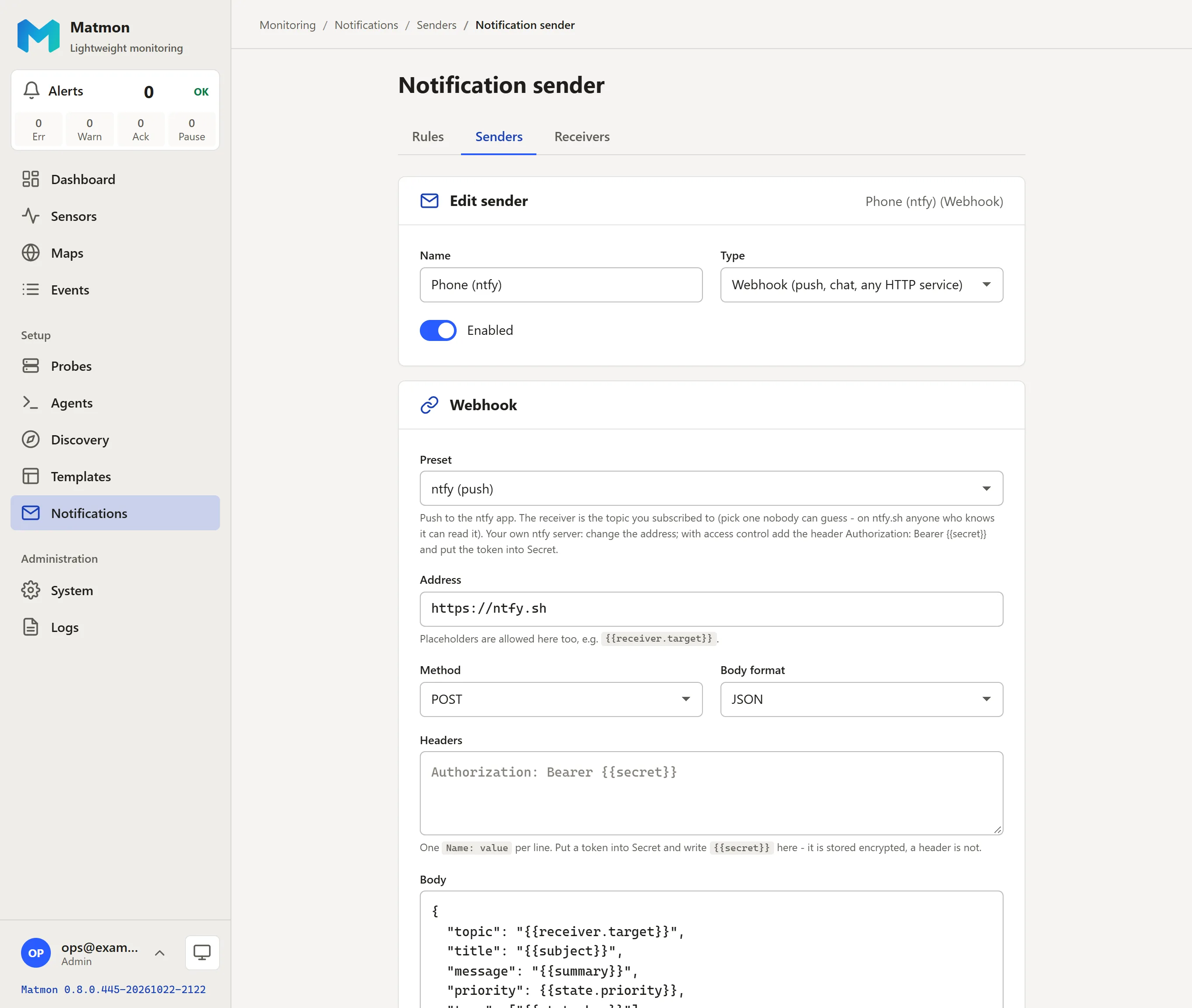 Matmon notification sender: a webhook with the ntfy preset, its address, method, headers and body