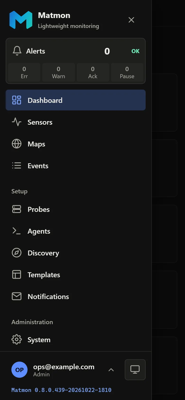 The Matmon menu on a phone, with the alert status at the top
