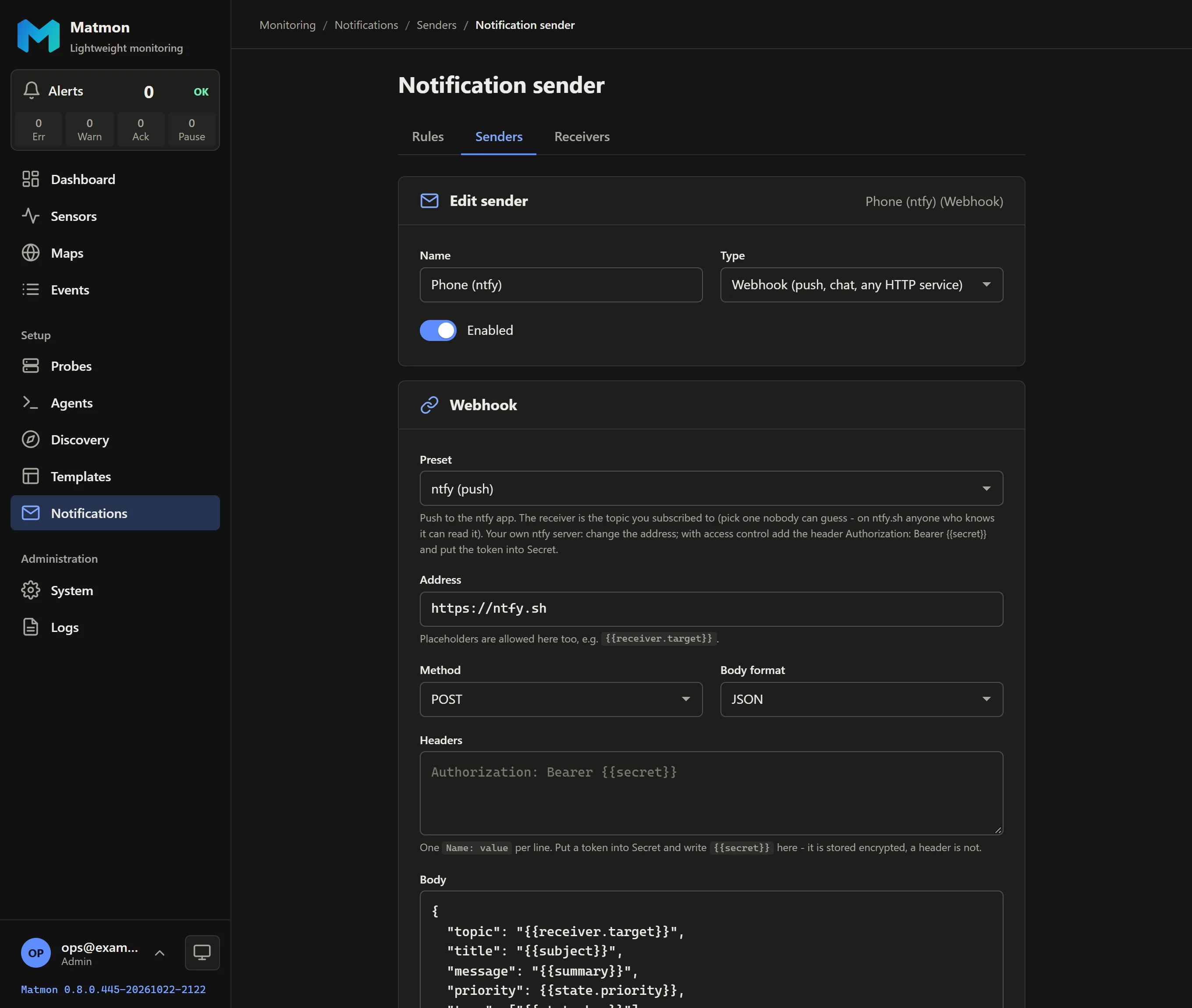 Matmon notification sender: a webhook with the ntfy preset, its address, method, headers and body