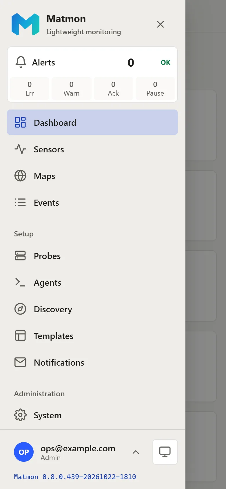 The Matmon menu on a phone, with the alert status at the top