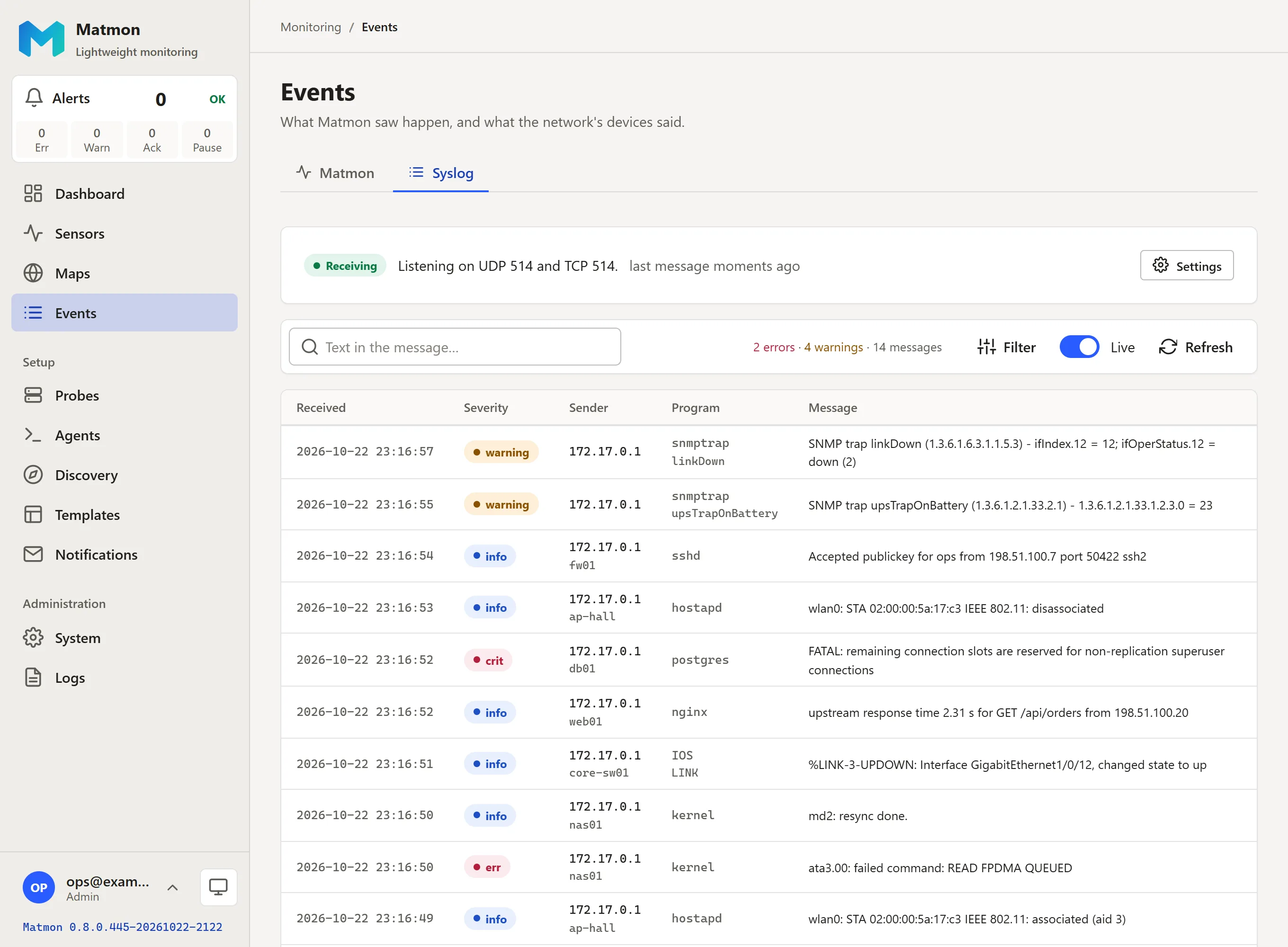 Matmon Events page, Syslog tab: device messages and SNMP traps with severity, sender and program