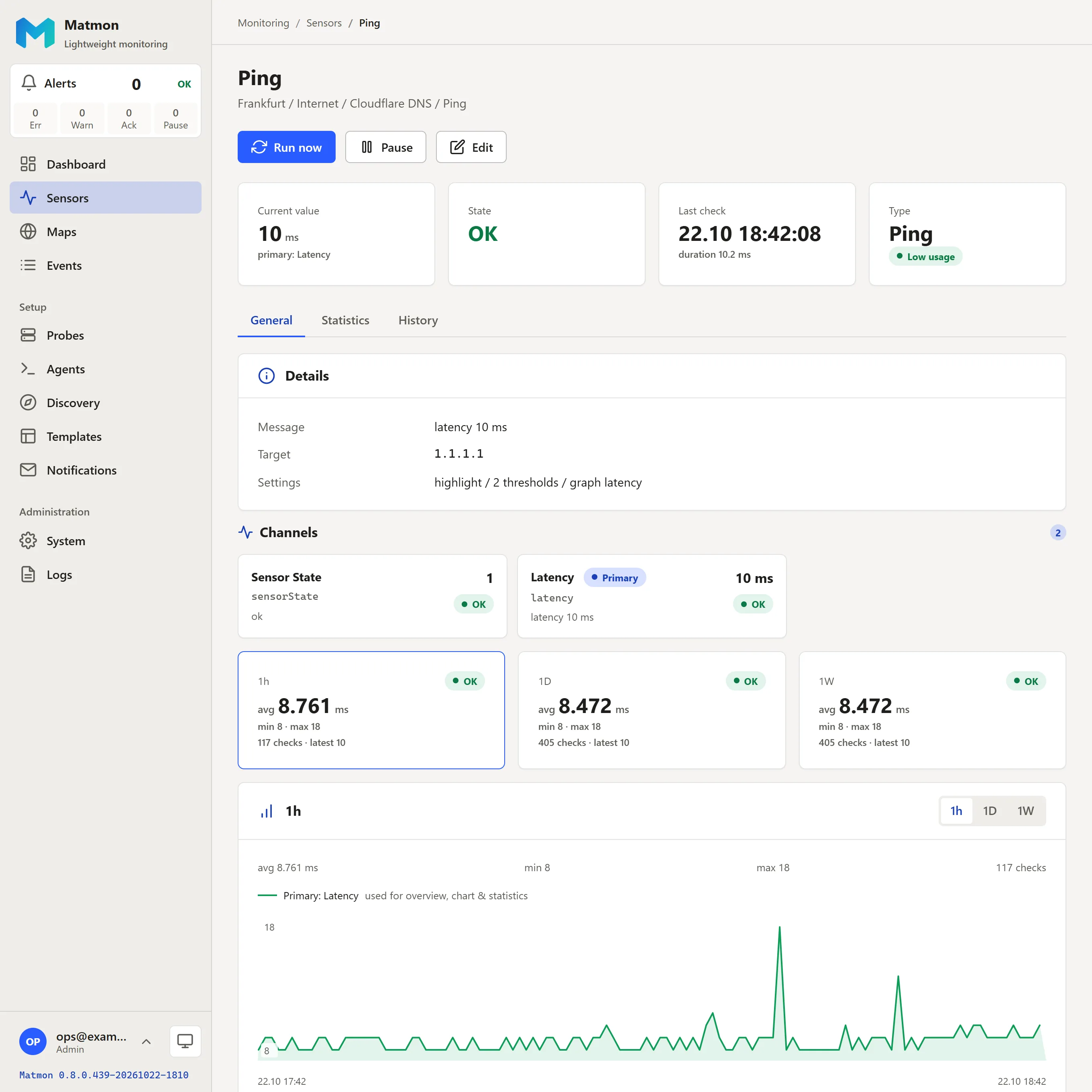 Matmon sensor detail page with value cards, channels and a latency chart