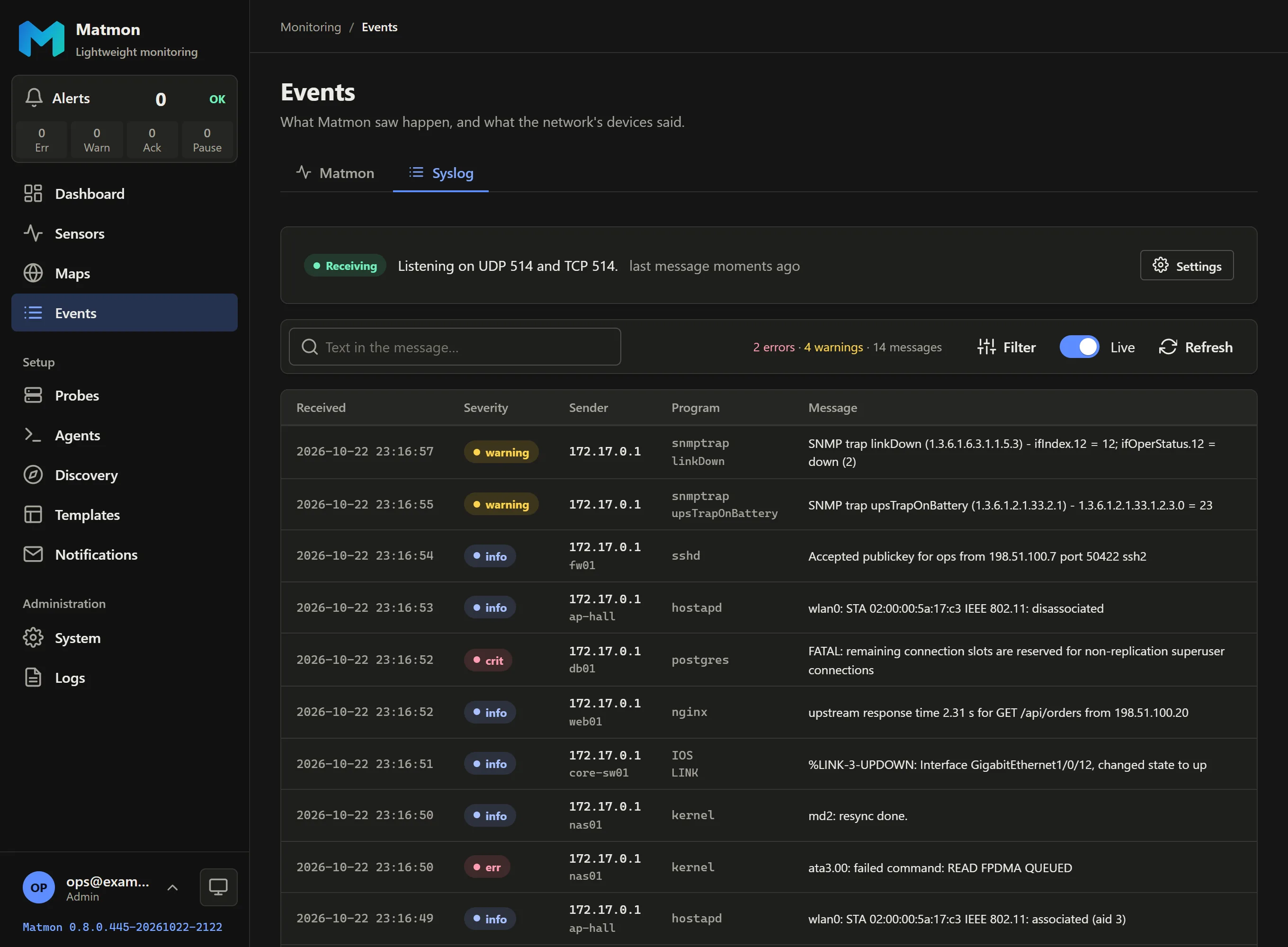 Matmon Events page, Syslog tab: device messages and SNMP traps with severity, sender and program