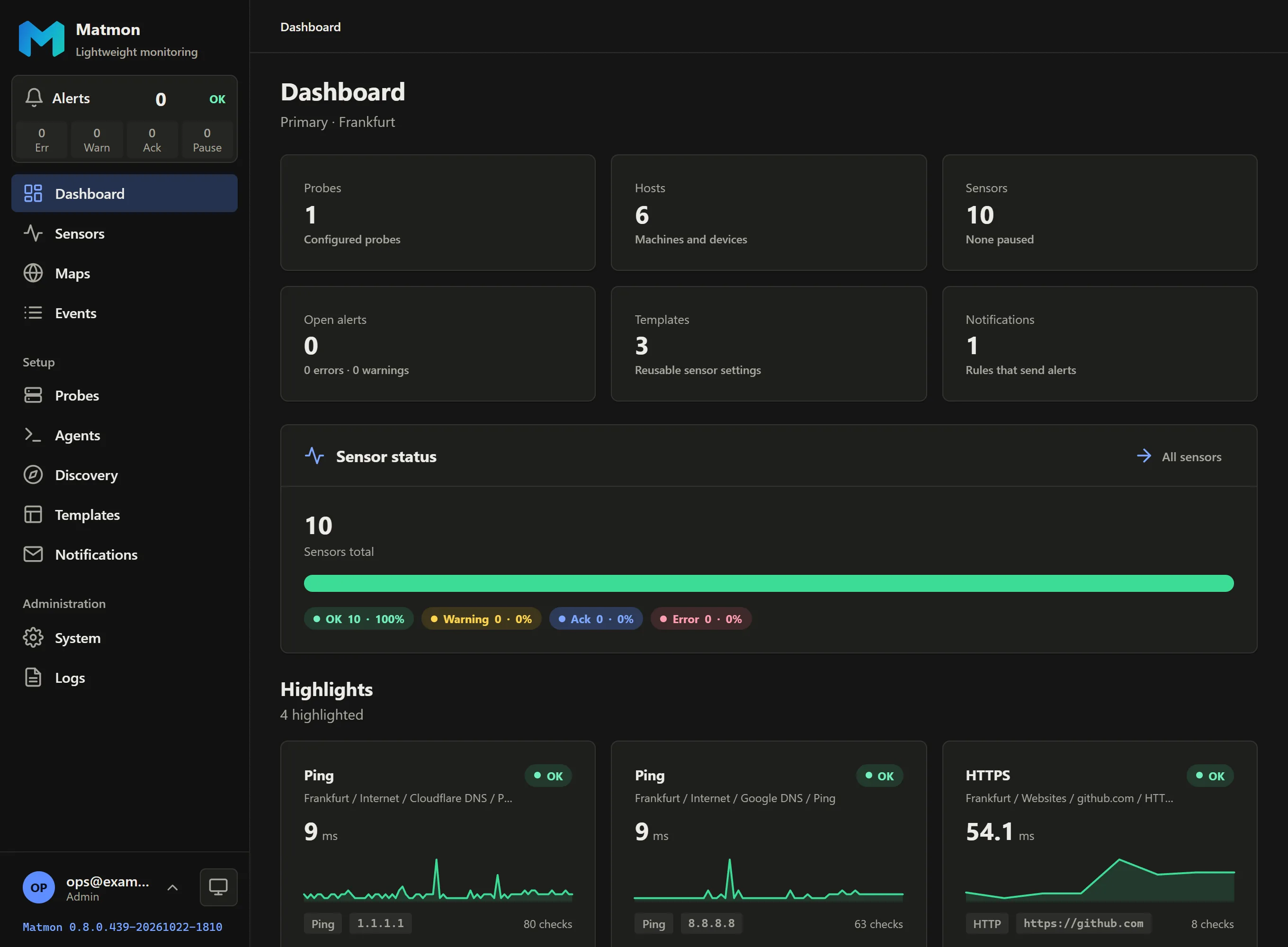 The Matmon dashboard: sensor counts, the status bar and live sensors